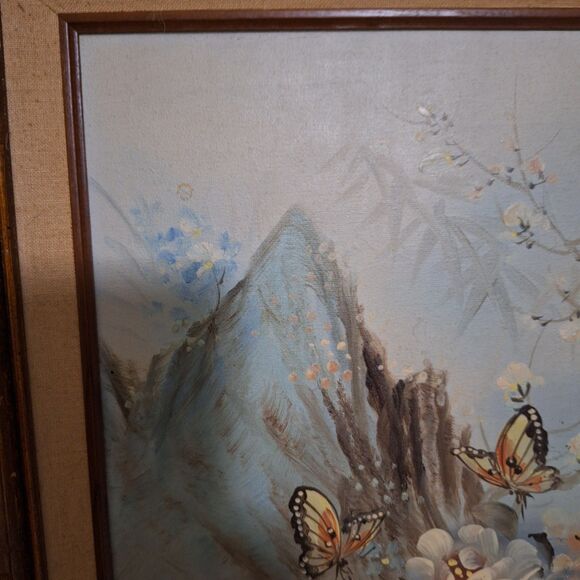 A Vintage Japanese Painting on Canvas Framed Artwork Floral Butterfly - Picture 6 of 16